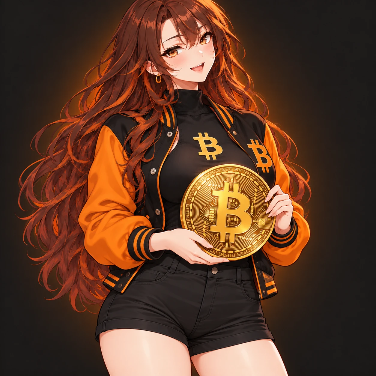 BTC heroine holding a Bitcoin coin in an orange jacket