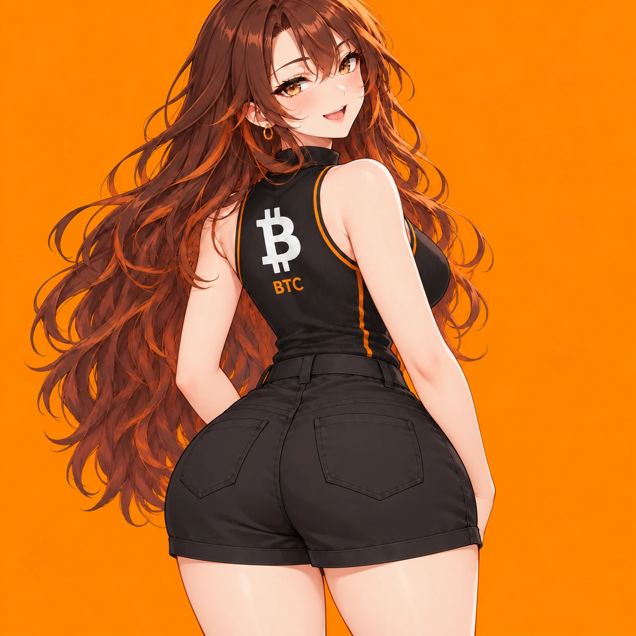 Big Thick Coin anime heroine with auburn hair and a black Bitcoin outfit