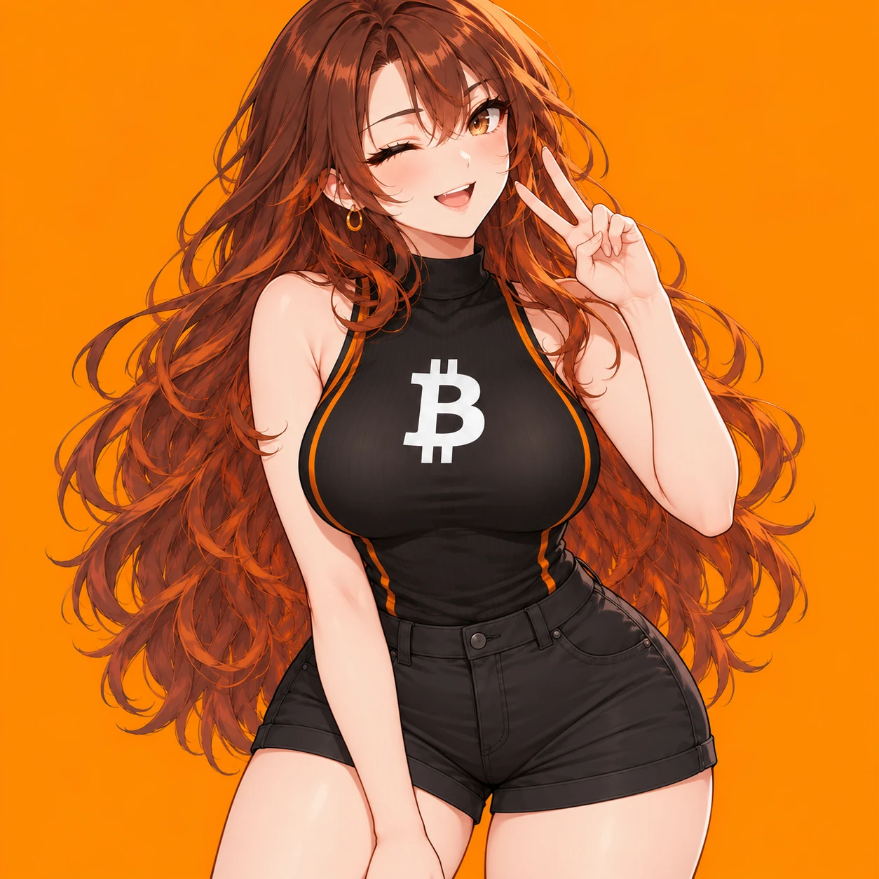 BTC heroine smiling and flashing a peace sign